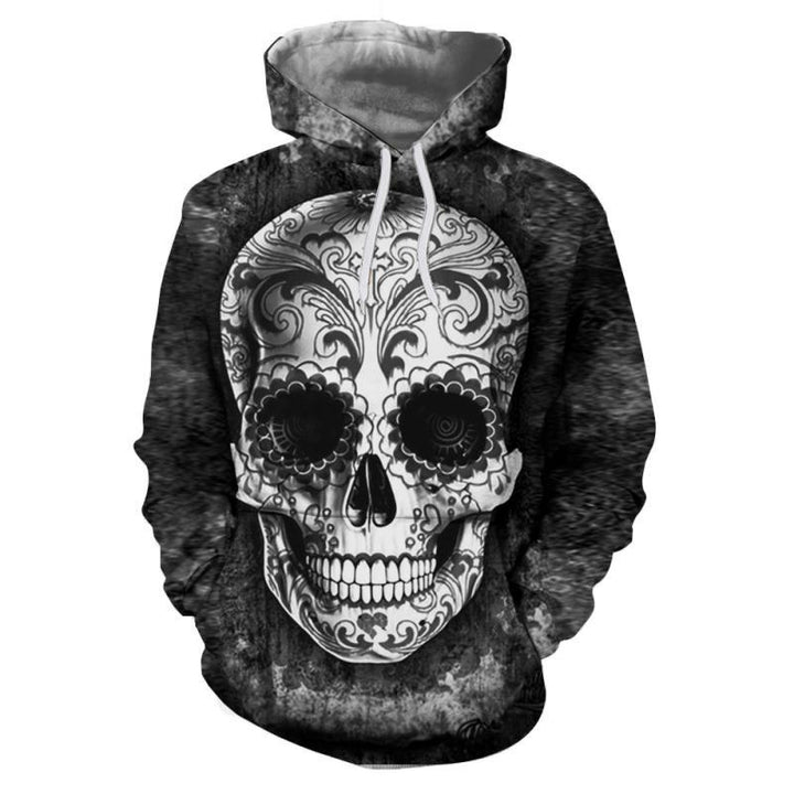 Unisex Kapuzenpullover mit großflächigem Sugar‑Skull Print & Kängurutasche Drune