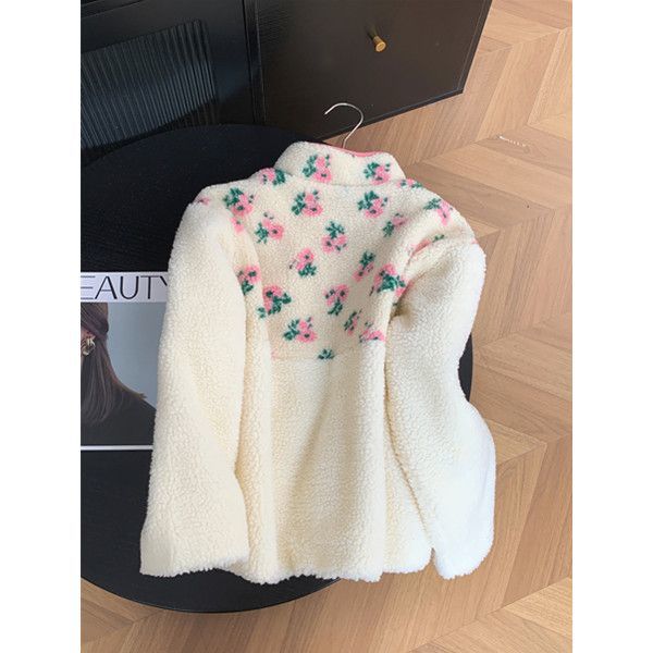 Damen Teddy-Fleece-Pullover mit Stehkragen, floralem Besatz und halbem Reißverschluss Drune