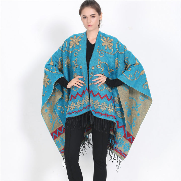 Damen Überwurf‑Ruana mit floraler Jacquard‑Webung und Fransensaum Drune