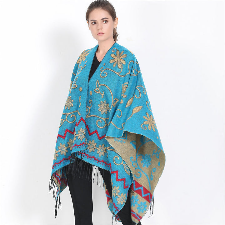 Damen Überwurf‑Ruana mit floraler Jacquard‑Webung und Fransensaum Drune