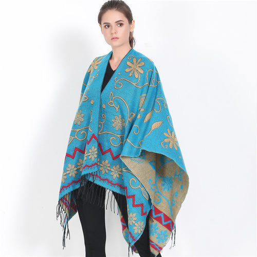 Damen Überwurf‑Ruana mit floraler Jacquard‑Webung und Fransensaum Drune