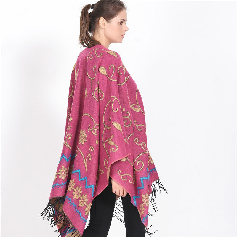 Damen Überwurf‑Ruana mit floraler Jacquard‑Webung und Fransensaum Drune