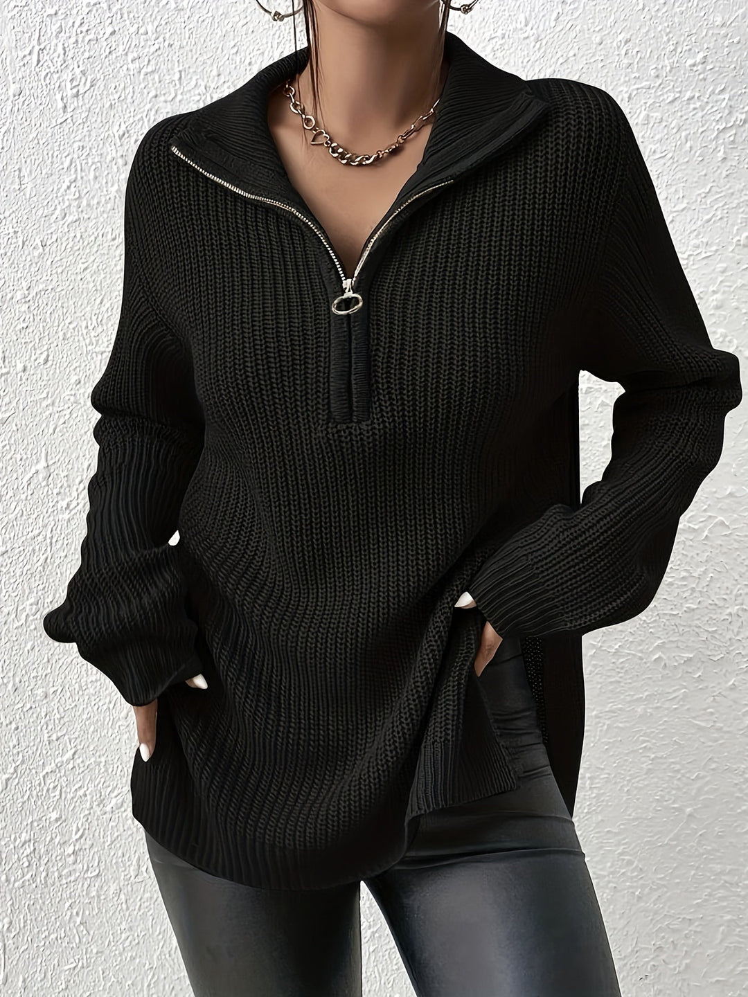 Drune | Damen Strickpullover mit Zipper – Oversized Sweater mit Stehkragen