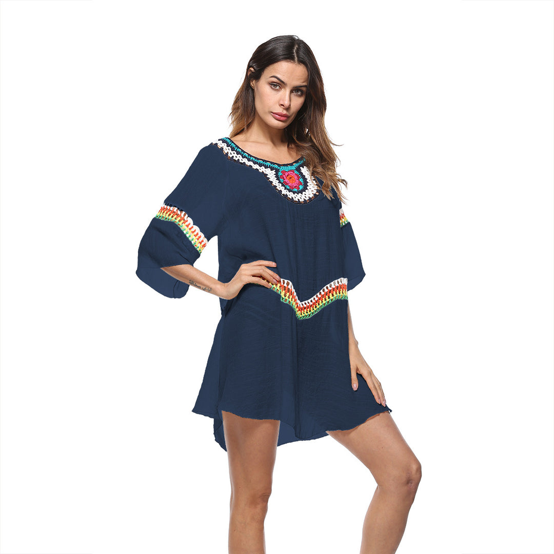 Damen luftiger Strandkaftan mit bunten Stickdetails Drune