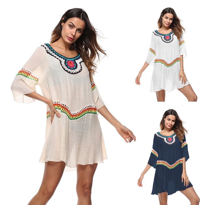 Damen luftiger Strandkaftan mit bunten Stickdetails Drune