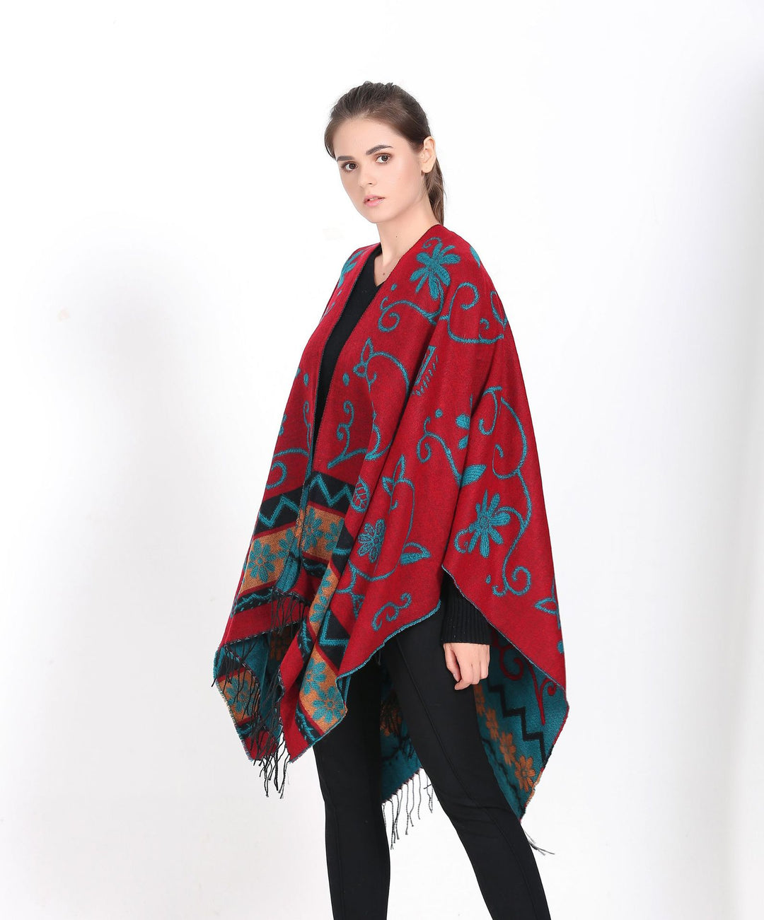 Damen Überwurf‑Ruana mit floraler Jacquard‑Webung und Fransensaum Drune