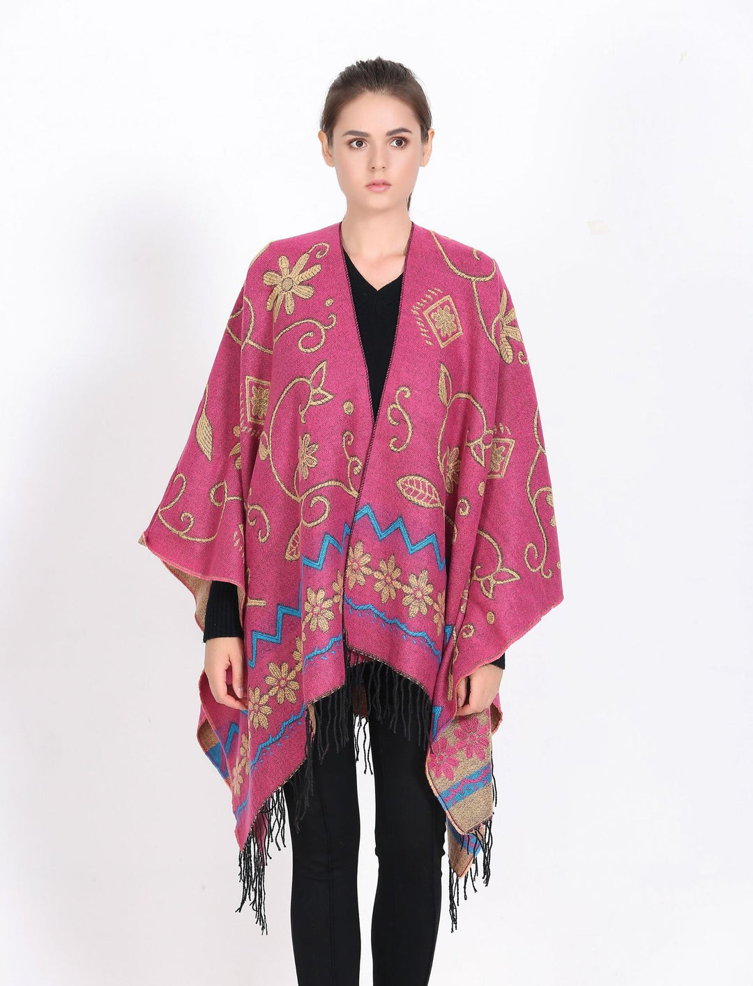 Damen Überwurf‑Ruana mit floraler Jacquard‑Webung und Fransensaum Drune