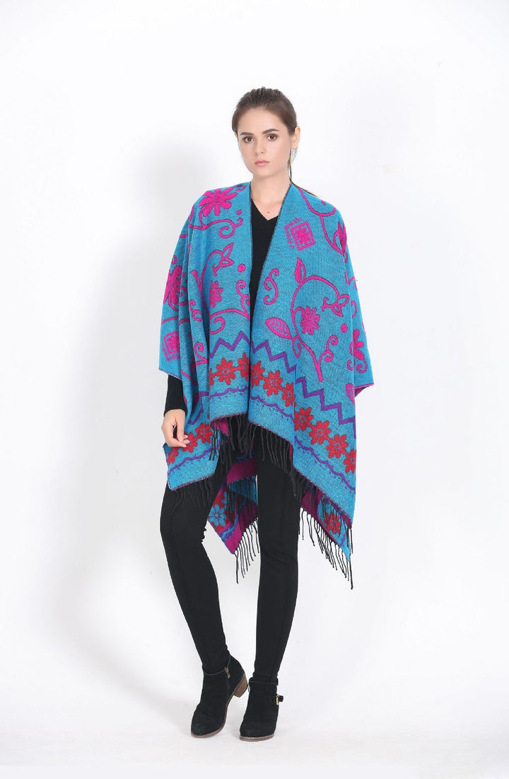 Damen Überwurf‑Ruana mit floraler Jacquard‑Webung und Fransensaum Drune