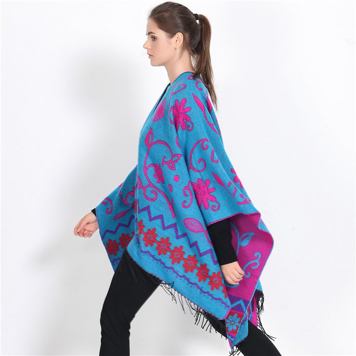 Damen Überwurf‑Ruana mit floraler Jacquard‑Webung und Fransensaum Drune