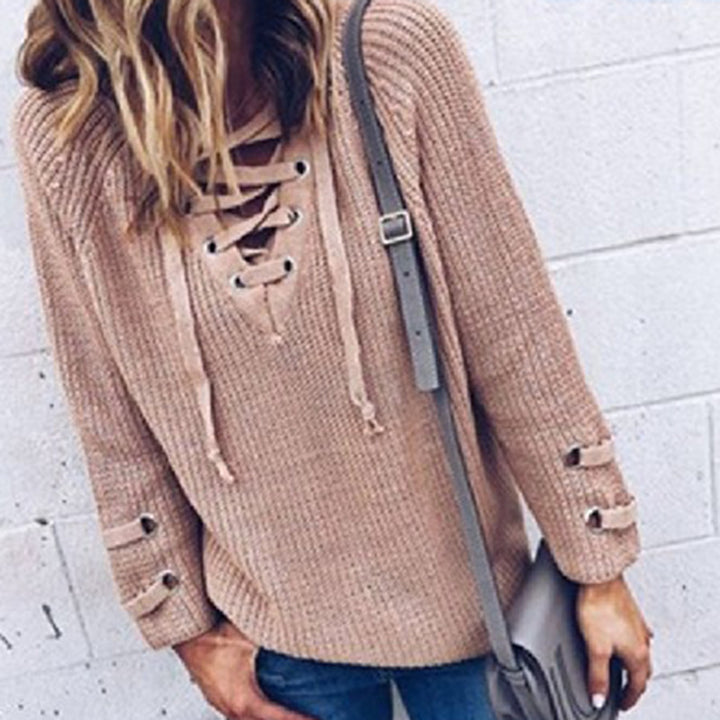 Damen Lässiger Strickpullover mit dekorativem Schnürdesign und weiten Ärmeln Drune