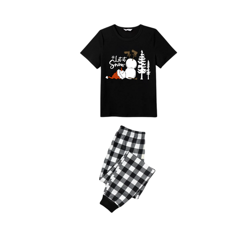 Drune | Lass es schneien Schneemann Familie Weihnachten Pyjama Set - Schwarzes Oberteil Schwarz-weiße karierte Hose Weiße Textgrafik