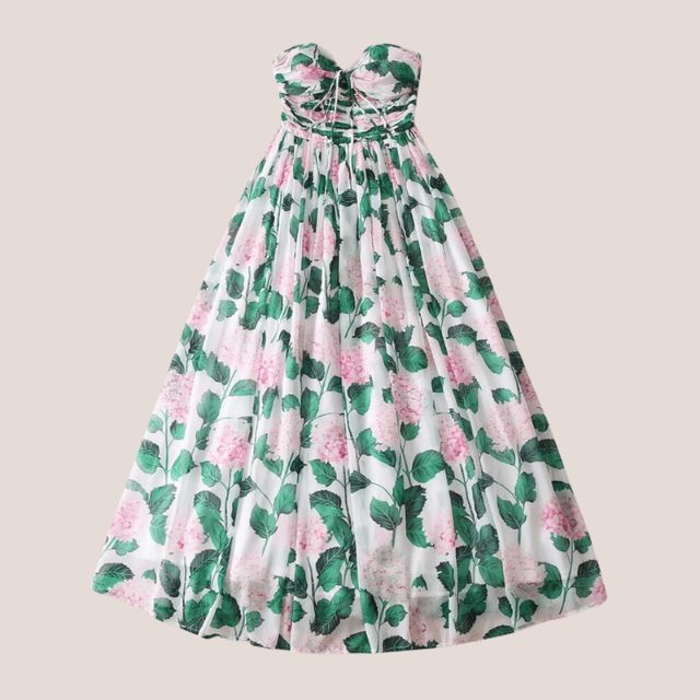 Drune | Trägerloses Maxikleid mit Blumenmuster und gerafftem Oberteil