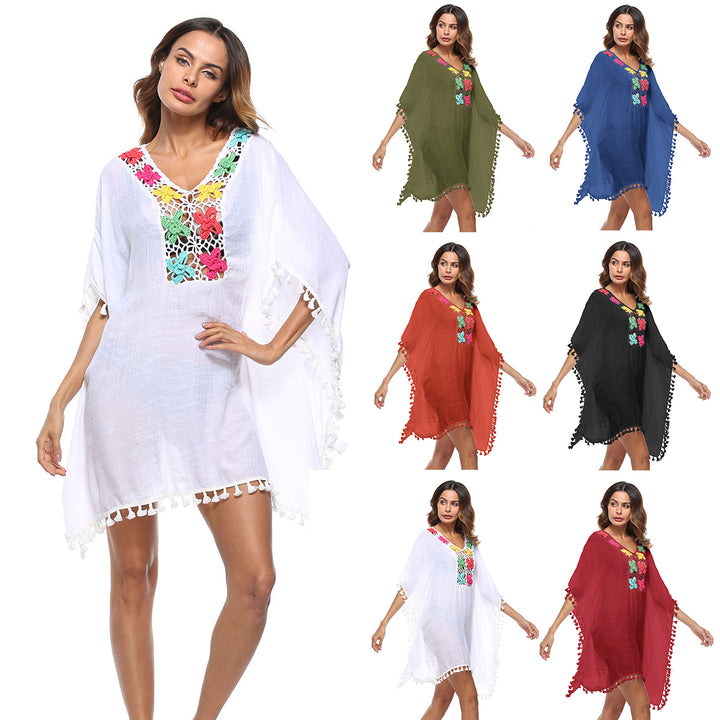 Damen luftiger Kaftan mit bunten Häkelverzierungen Drune