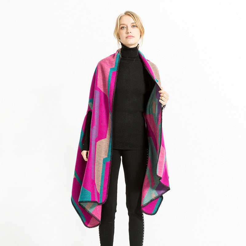 Damen Geometrischer Jacquard‑Überwurf im Ruana‑Stil mit Kapuze Drune