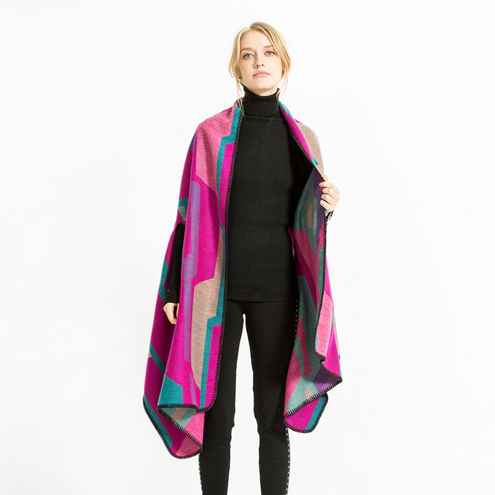 Damen Geometrischer Jacquard‑Überwurf im Ruana‑Stil mit Kapuze Drune