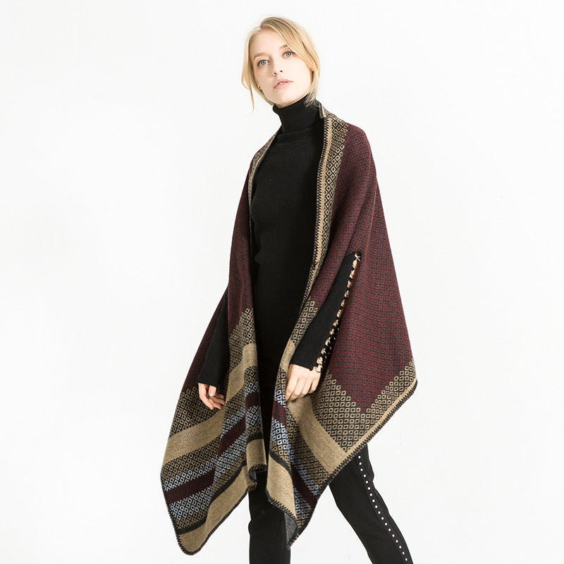 Damen Weicher Jacquard‑Ruana‑Überwurf mit Ethno‑Bordüre und offenem Oversize‑Fall Drune