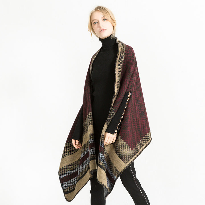 Damen Weicher Jacquard‑Ruana‑Überwurf mit Ethno‑Bordüre und offenem Oversize‑Fall Drune