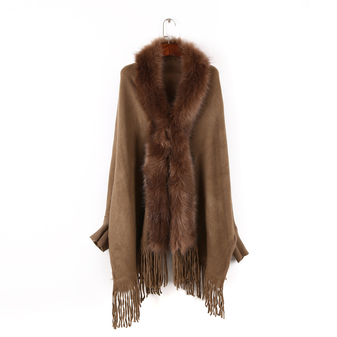 Damen Poncho mit Kunstfellkragen und Fransensaum Drune