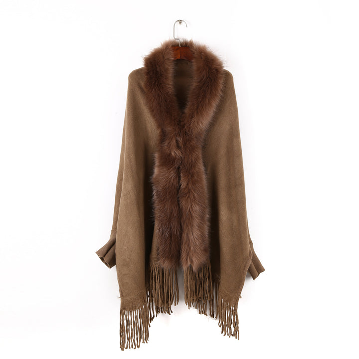 Damen Poncho mit Kunstfellkragen und Fransensaum Drune