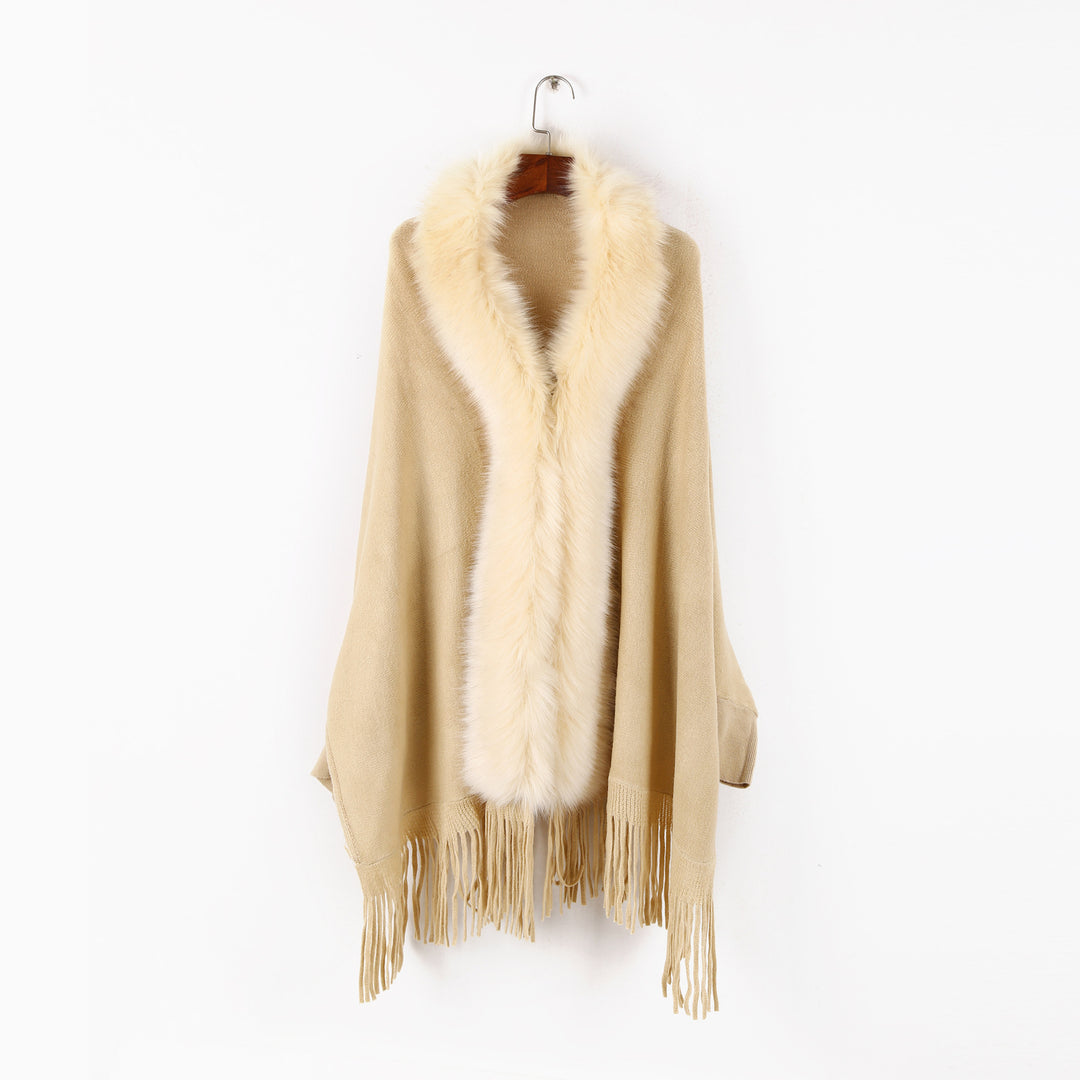 Damen Poncho mit Kunstfellkragen und Fransensaum Drune