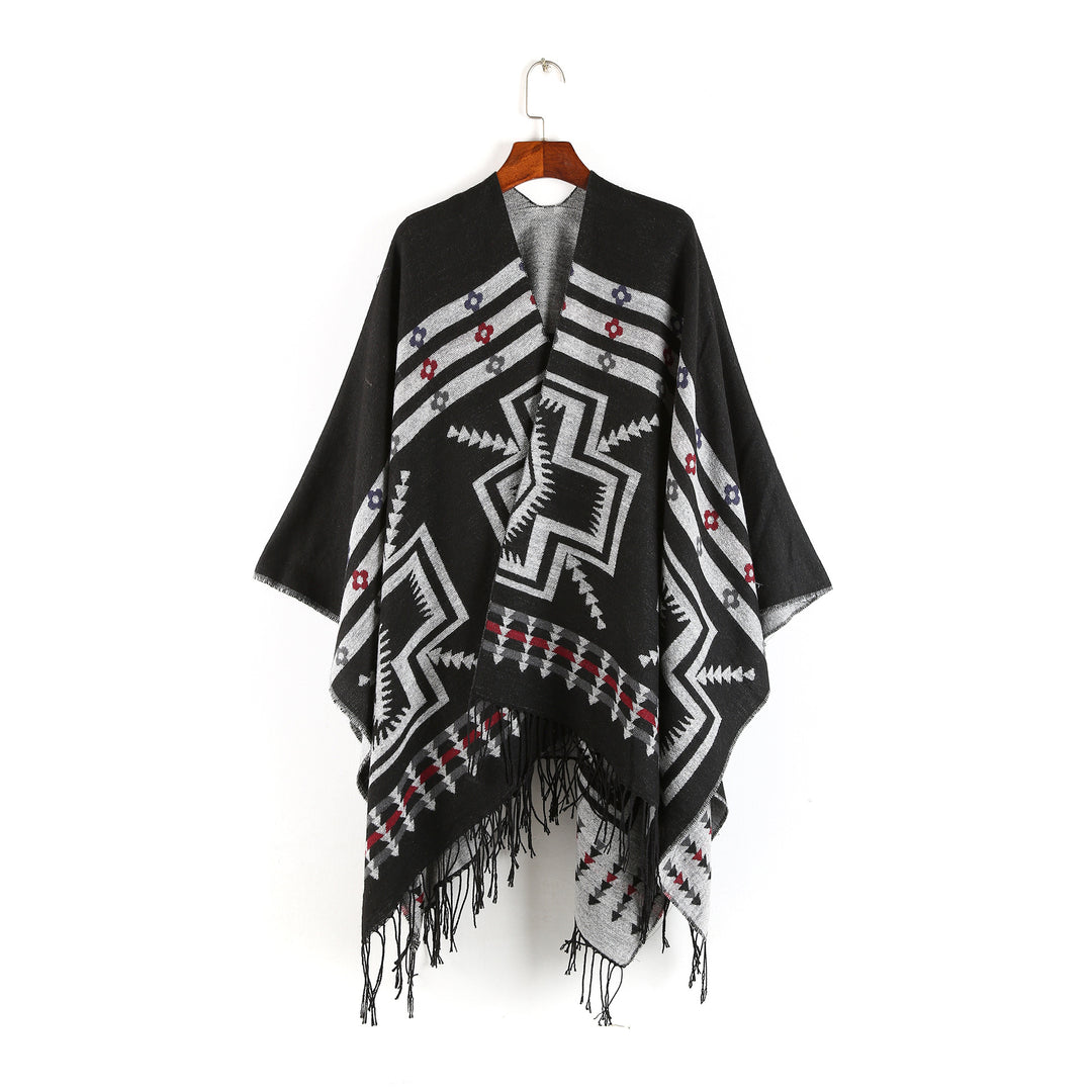Damen Oversize-Poncho im Ruana-Stil mit Ethno-Jacquard und Fransensaum Drune