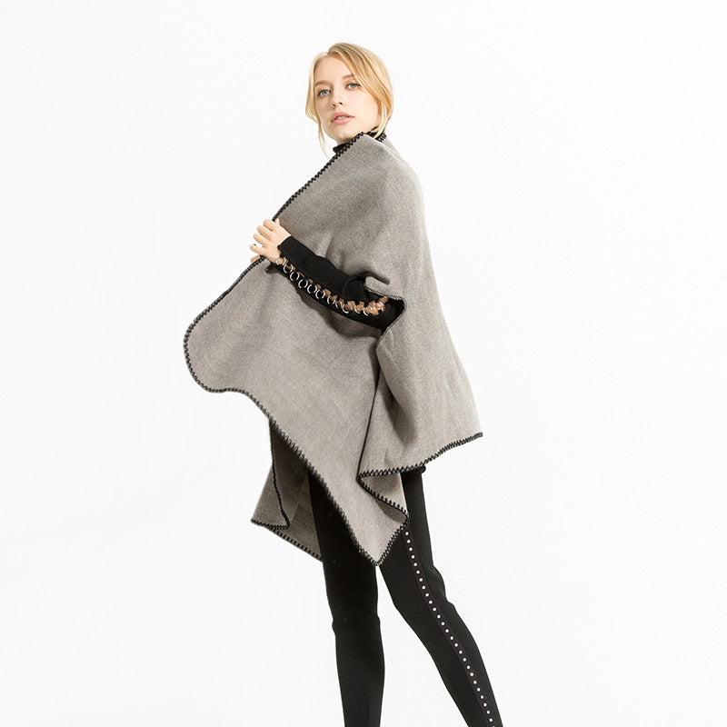 Damen Übergroßer Ruana-Poncho mit Armausschnitten und kontrastierender Kettelnaht Drune