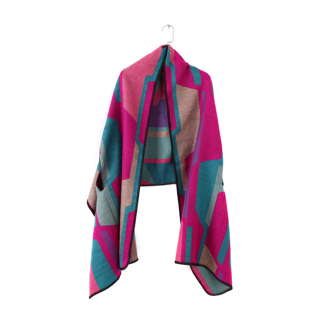 Damen Geometrischer Jacquard‑Überwurf im Ruana‑Stil mit Kapuze Drune