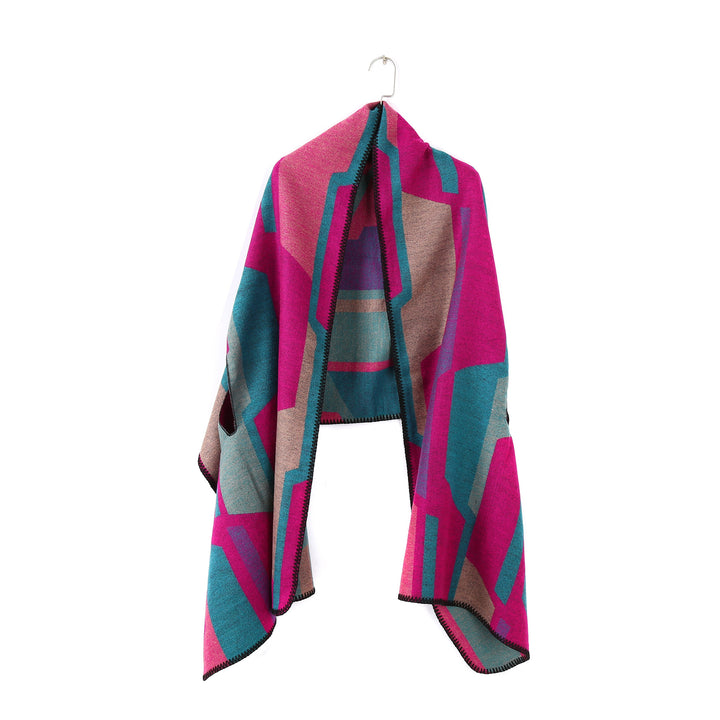 Damen Geometrischer Jacquard‑Überwurf im Ruana‑Stil mit Kapuze Drune
