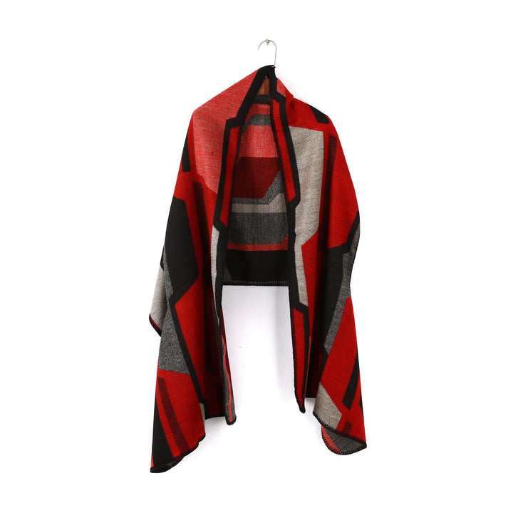Damen Geometrischer Jacquard‑Überwurf im Ruana‑Stil mit Kapuze Drune