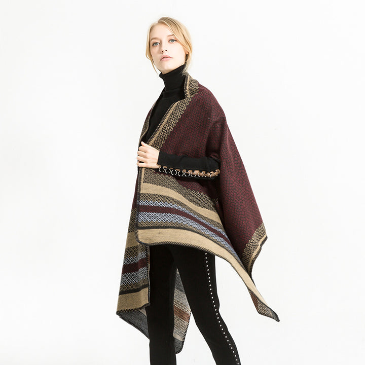 Damen Weicher Jacquard‑Ruana‑Überwurf mit Ethno‑Bordüre und offenem Oversize‑Fall Drune