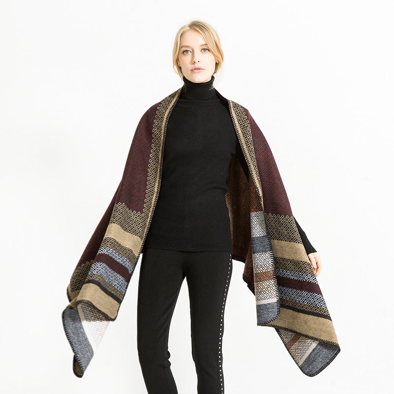 Damen Weicher Jacquard‑Ruana‑Überwurf mit Ethno‑Bordüre und offenem Oversize‑Fall Drune