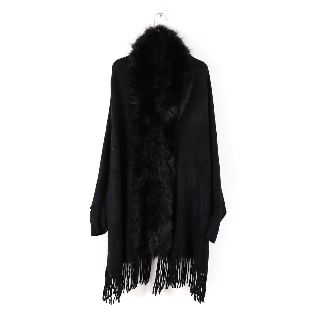Damen Poncho mit Kunstfellkragen und Fransensaum Drune
