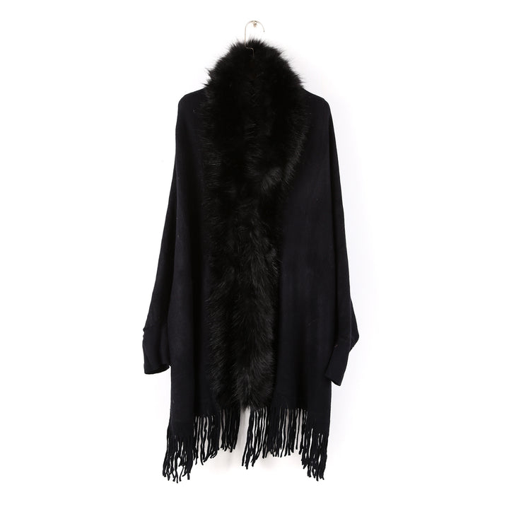 Damen Poncho mit Kunstfellkragen und Fransensaum Drune
