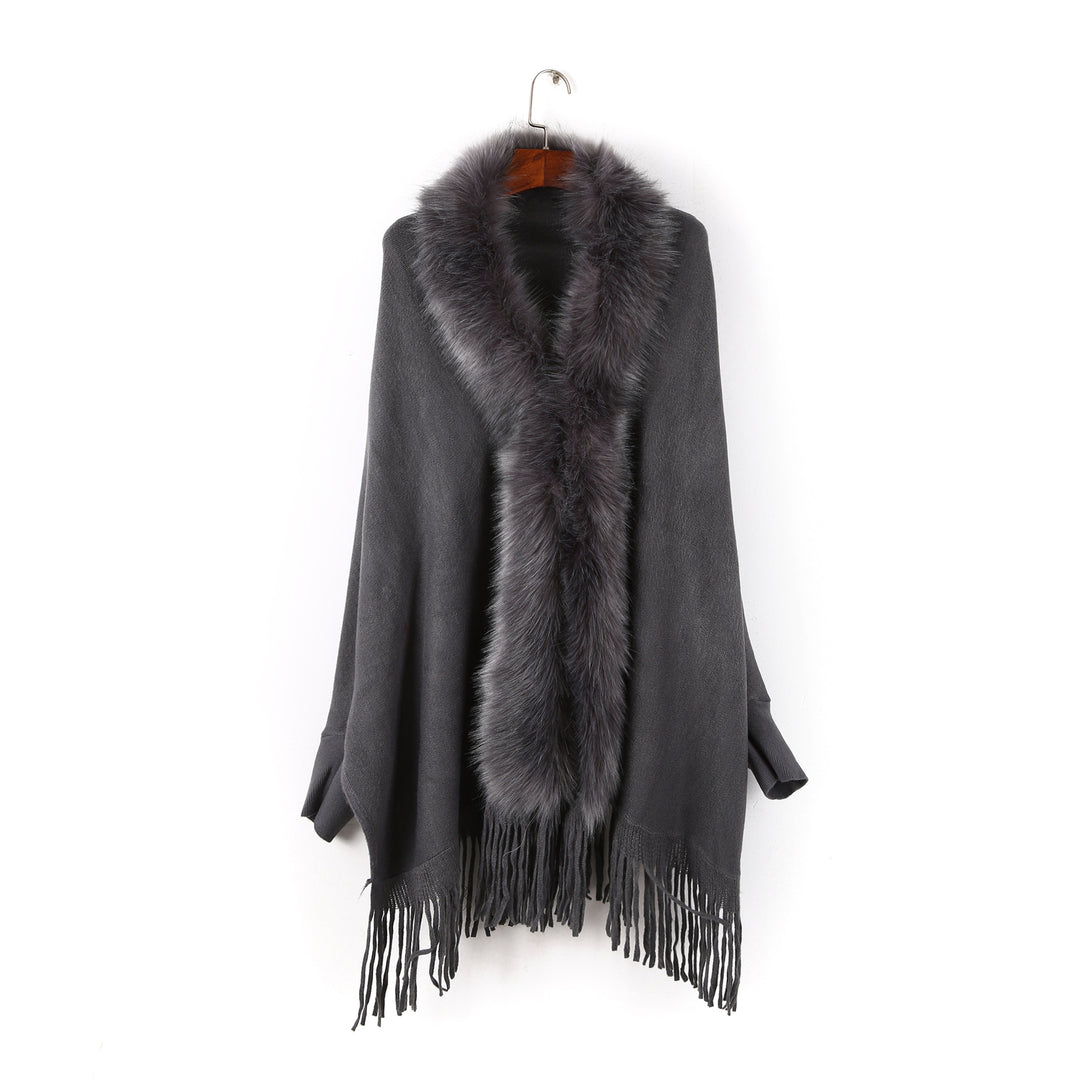 Damen Poncho mit Kunstfellkragen und Fransensaum Drune