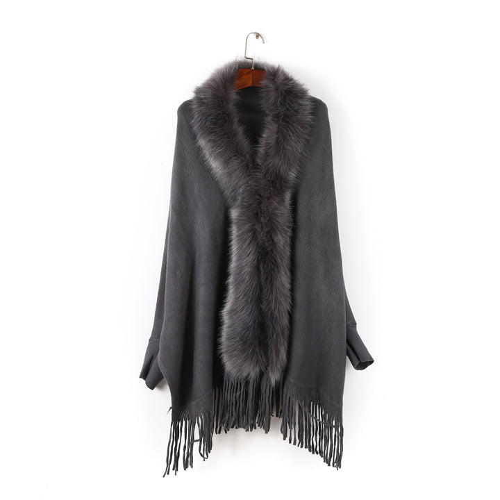 Damen Poncho mit Kunstfellkragen und Fransensaum Drune