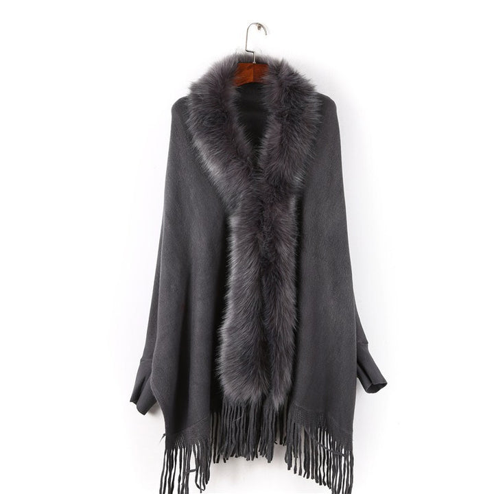 Damen Poncho mit Kunstfellkragen und Fransensaum Drune