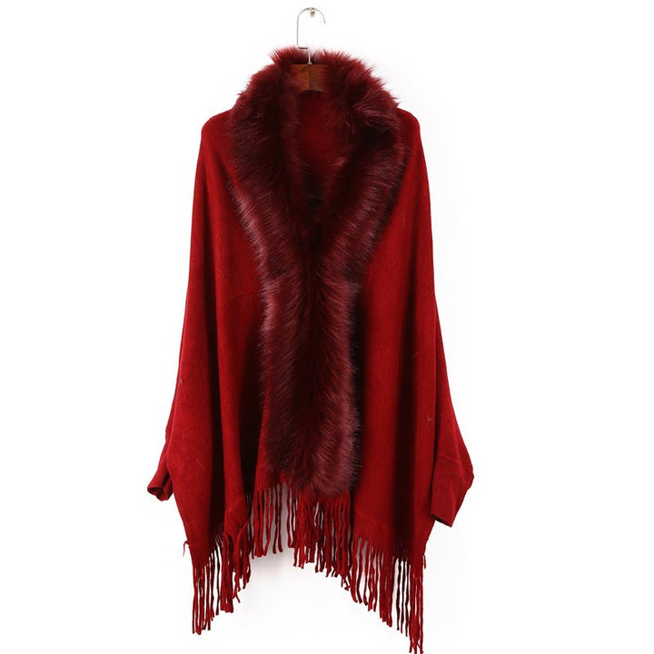 Damen Poncho mit Kunstfellkragen und Fransensaum Drune