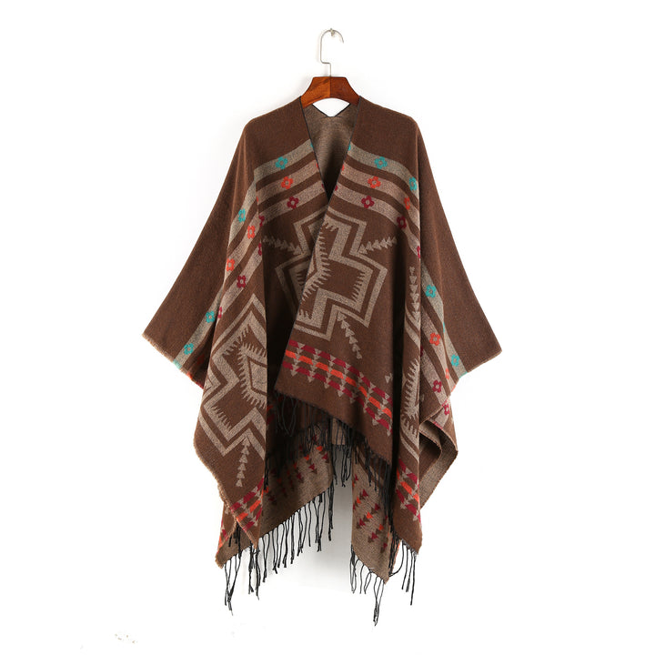 Damen Oversize-Poncho im Ruana-Stil mit Ethno-Jacquard und Fransensaum Drune