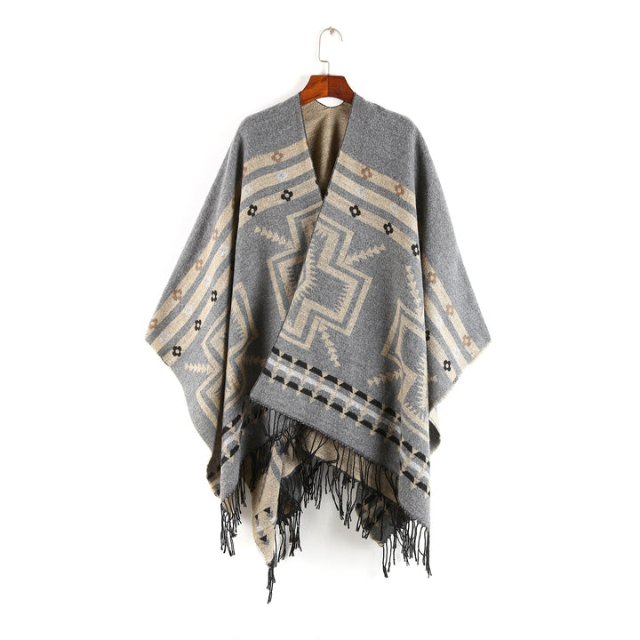 Damen Oversize-Poncho im Ruana-Stil mit Ethno-Jacquard und Fransensaum Drune