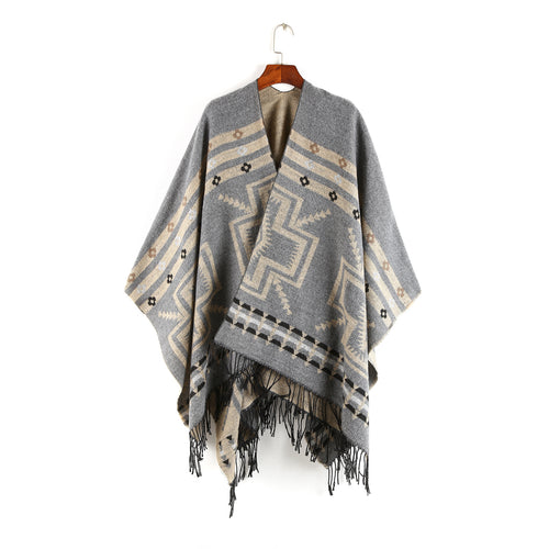 Damen Oversize-Poncho im Ruana-Stil mit Ethno-Jacquard und Fransensaum Drune