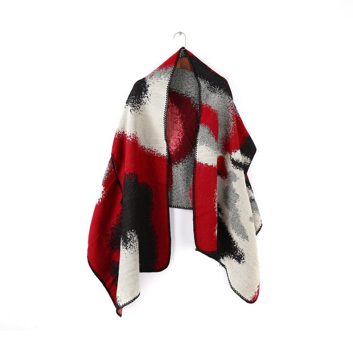 Damen Geometrischer Jacquard‑Überwurf im Ruana‑Stil mit Kapuze Drune