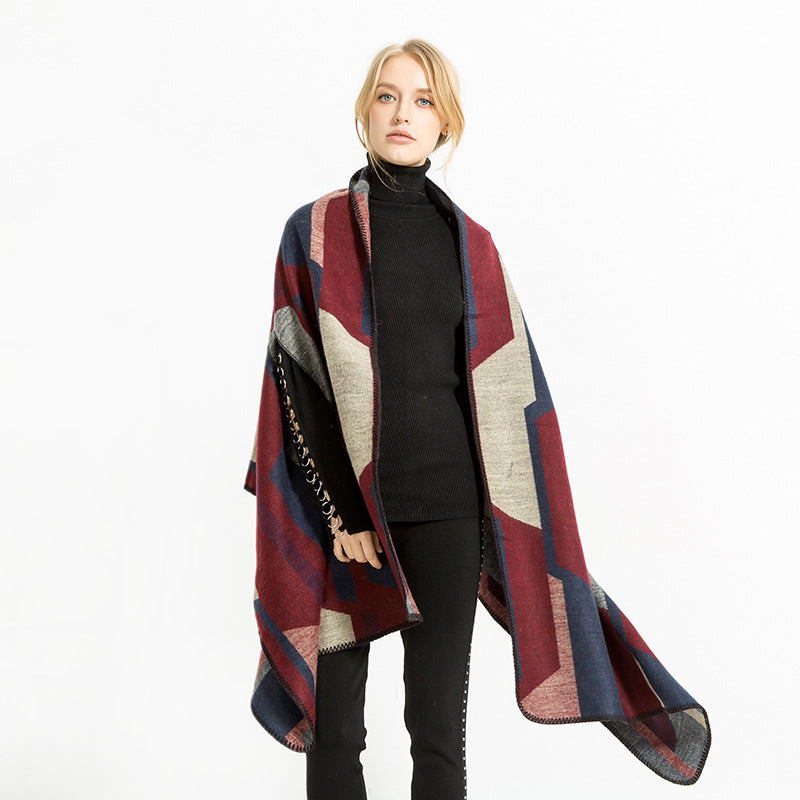 Damen Geometrischer Jacquard‑Überwurf im Ruana‑Stil mit Kapuze Drune