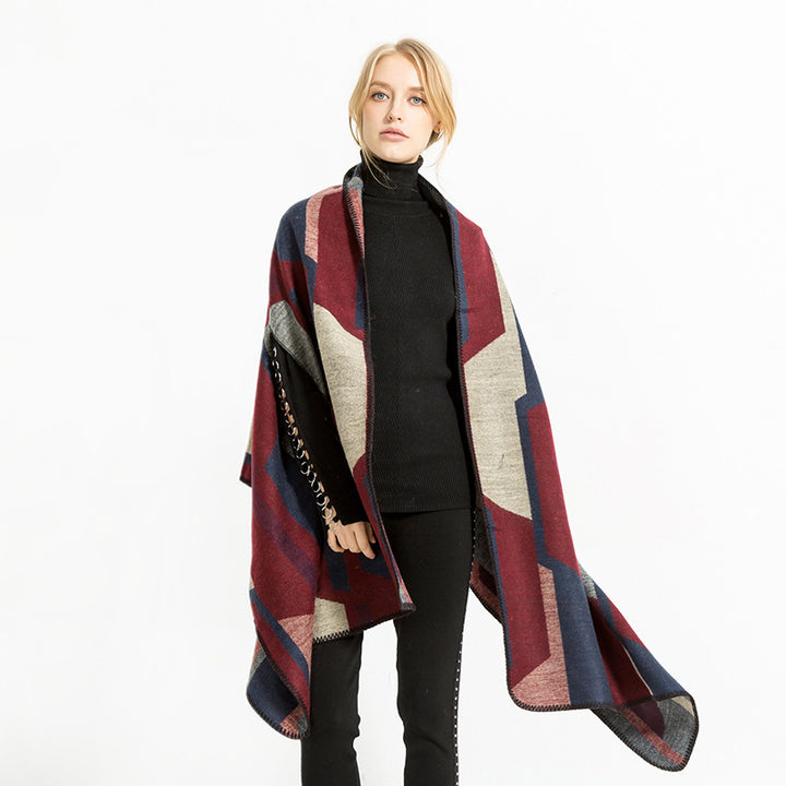 Damen Geometrischer Jacquard‑Überwurf im Ruana‑Stil mit Kapuze Drune
