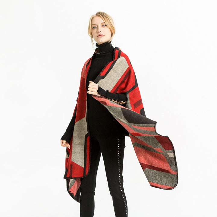 Damen Geometrischer Jacquard‑Überwurf im Ruana‑Stil mit Kapuze Drune