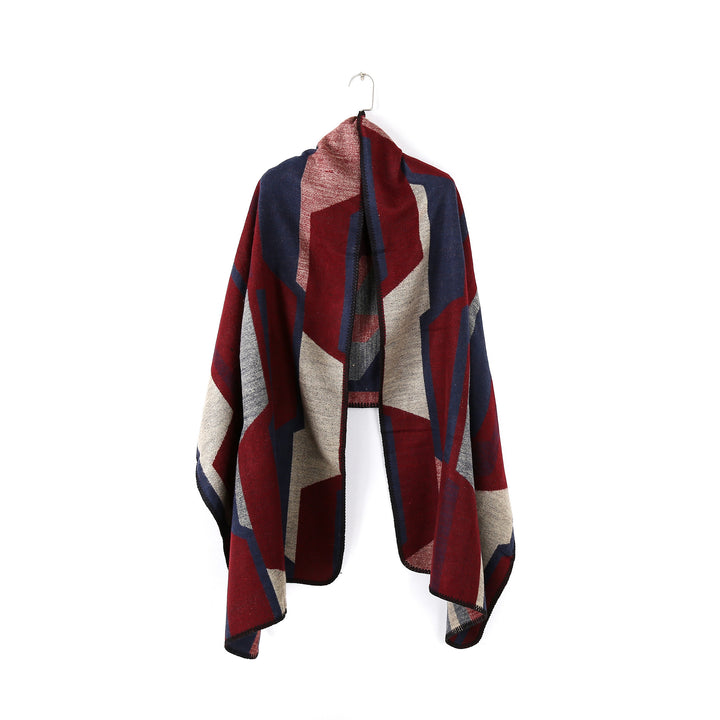 Damen Geometrischer Jacquard‑Überwurf im Ruana‑Stil mit Kapuze Drune