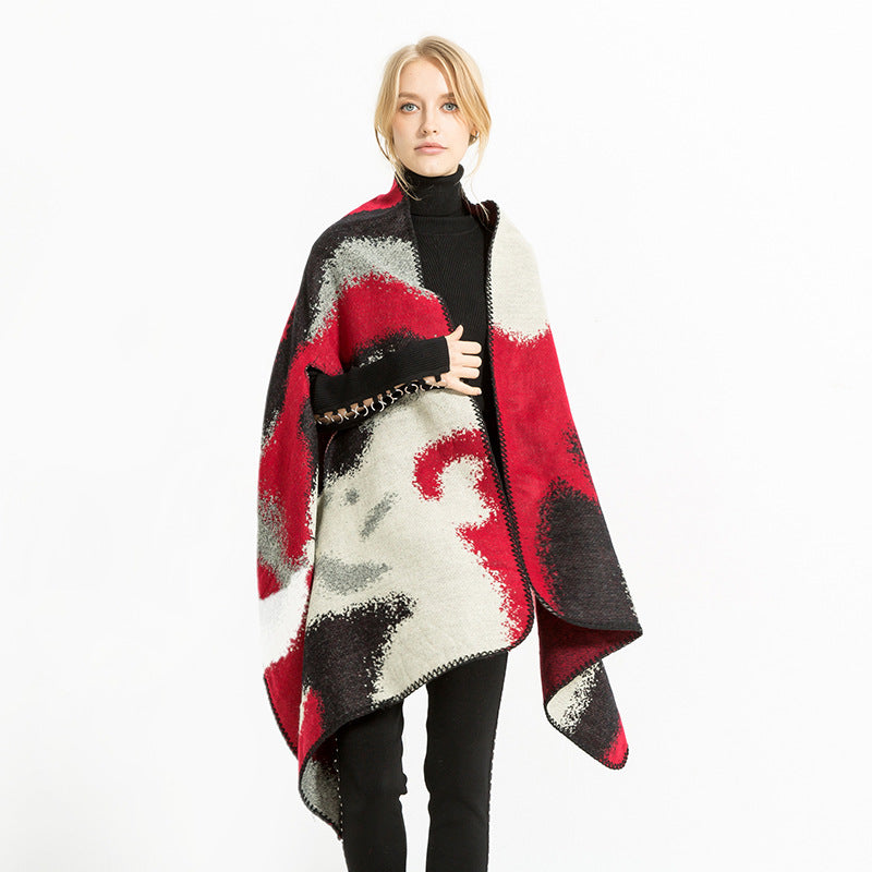 Damen Geometrischer Jacquard‑Überwurf im Ruana‑Stil mit Kapuze Drune