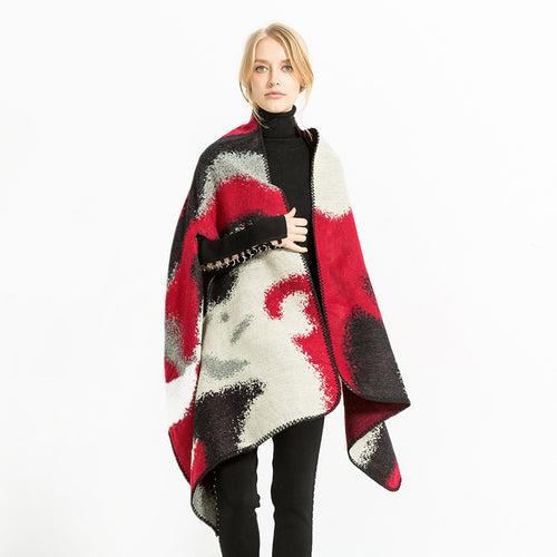 Damen Geometrischer Jacquard‑Überwurf im Ruana‑Stil mit Kapuze Drune
