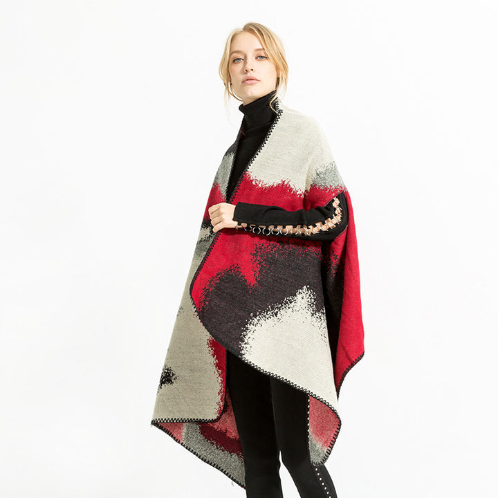 Damen Geometrischer Jacquard‑Überwurf im Ruana‑Stil mit Kapuze Drune