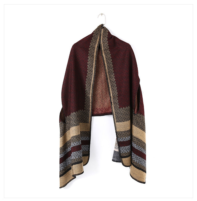 Damen Weicher Jacquard‑Ruana‑Überwurf mit Ethno‑Bordüre und offenem Oversize‑Fall Drune