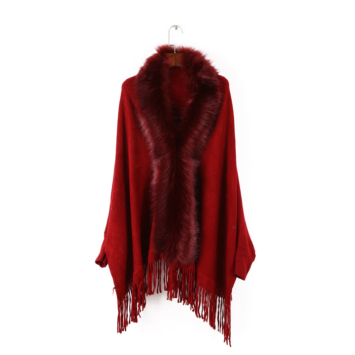 Damen Poncho mit Kunstfellkragen und Fransensaum Drune